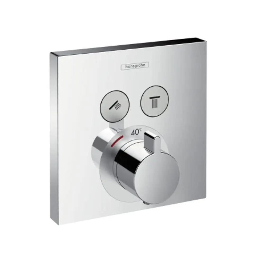 Thermostat mit rundem Bedienknopf und Temperaturanzeige, montiert auf einer rechteckigen Wandplatte. Enthält Symbole für Hand- und Kopfbrause. Marke: Hansgrohe.